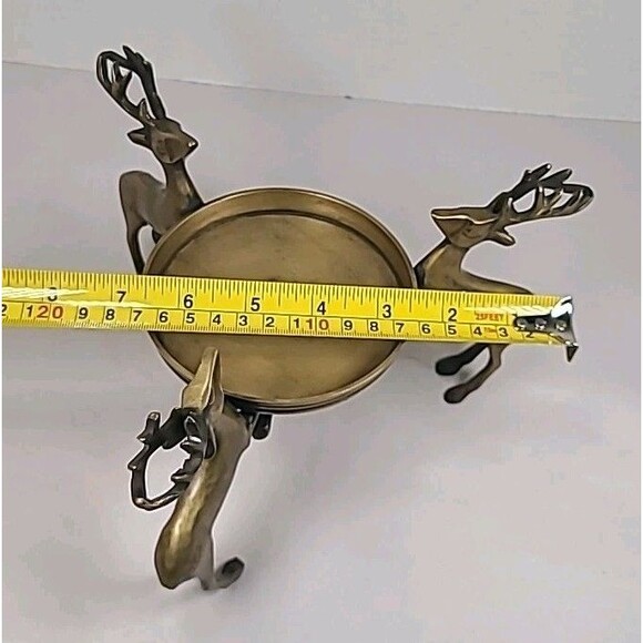 Brass Deer Reindeer Trio Footed Large Pillar Candle Holder Christmas Holiday - Picture 5 of 7